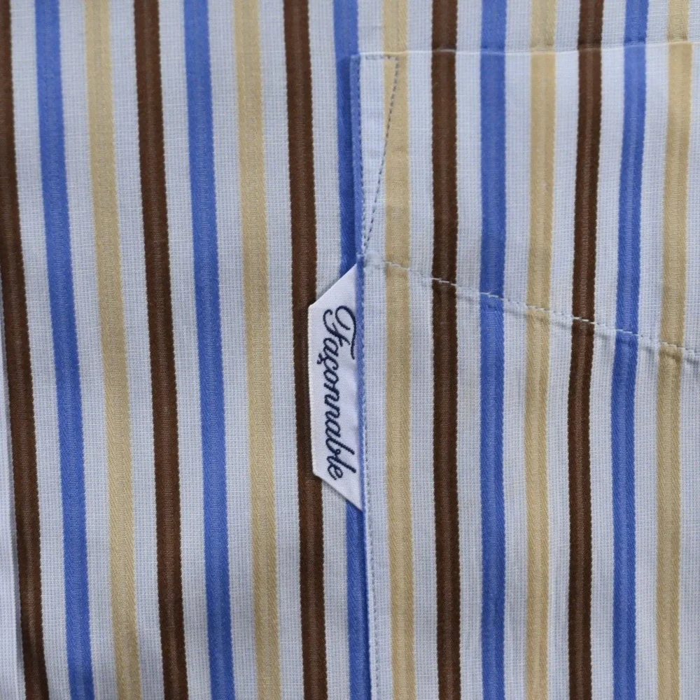 Façonnable Button Up Mens 16 Large Blue Brown Tan Striped Long Sleeve USA MADE